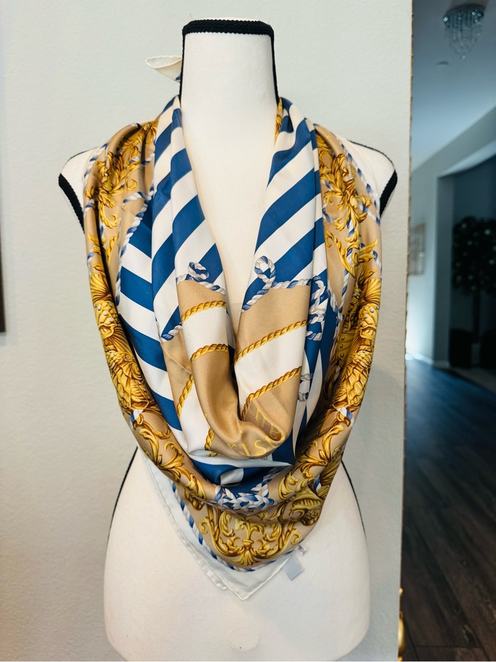 Authentic Dior Blue White and Gold Printed Silk Scarf